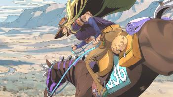 Steel Ball Run: JoJo's Bizarre Adventure: Gyro Zepelli urges his horse to run through a desert landscape.
