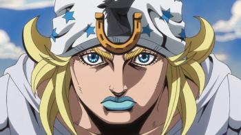 Steel Ball Run: JoJo's Bizarre Adventure: Close-up of Johnny Joestar's face. His bandanna has horse and American flag imagery.