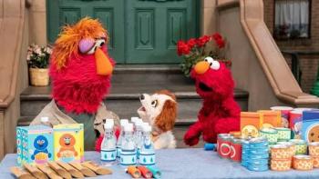 Storm On Sesame Street TV: Elmo with his Dad and dog distributing supplies like snacks and drinks outside a building.