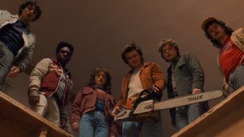 Stranger Things Season 5 TV show screenshot 2: Mike, Lucas, Nancy, Steve, Robin, and Dustin look down from a hole in a ceiling; Steve holds a chainsaw