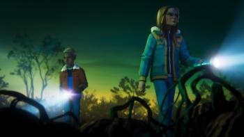 Stranger Things: Tales from '85: An animated Max turns grumpily away from Lucas as both search a spooky landscape with flashlights