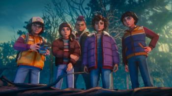 Stranger Things: Tales from '85: Dustin, Will, Mike, and Eleven stare down at something off-camera, looking concerned