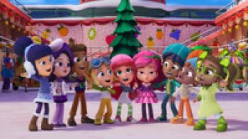 Strawberry Shortcake's Perfect Holiday TV: Strawberry Shortcake and friends sing in front of a holiday tree