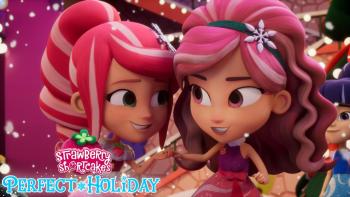 Strawberry Shortcake's Perfect Holiday TV: Strawberry Shortcake and Raspberry Tart whisper to each other 