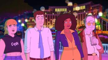 Strip Law: Irene, Lincoln, Sheila and Glem stand side-by-side, walking down a street with neon lights behind them
