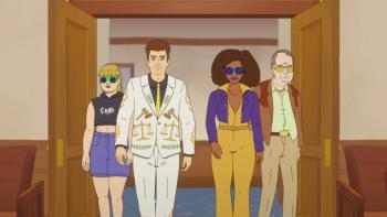 Strip Law: Lincoln and Sheila walk into court, flanked by Irene and Glem; Lincoln wears a flashy white suit with gold details