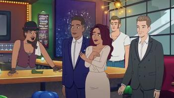 Strip Law: Lawyers confront a bartender inside a bar; the lawyers wear business clothing while the bartender wears a bowler hat and vest