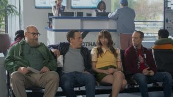Stuart Fails to Save the Universe: Bert, Denise, Stuart and Barry sit in waiting room chairs in an office in front of a reception desk