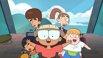 StuGo TV show screenshot 1: A group of five diverse kids look excitedly at the camera. Pliny is front and center with her glasses and straw hat.