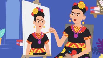 SúperEllas: Animated character based on Frida Kahlo painting a self-portrait in an art studio with colorful Mexican-inspired clothing.
