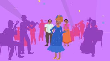 SúperEllas: Animated scene showing three diverse women in foreground with colorful silhouettes of musicians and performers in purple background.