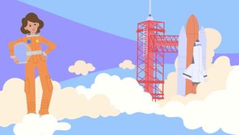 SúperEllas: Animated female astronaut in orange spacesuit standing on clouds near rocket launch tower and space shuttle.