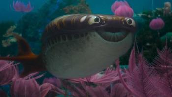 Surviving Earth TV show screenshot: Animated fish smiling among pink aquatic plants.