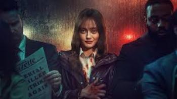 Sweetpea TV show screenshot #2: A young White woman looks conspiratorially into the camera. She's bloodied and sits between two men