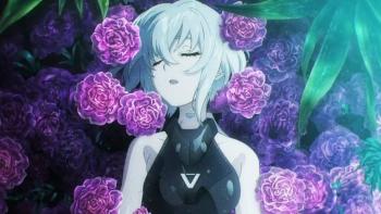 Synduality Noir TV show screenshot #1: A humanoid android lies on a bed of purple flowers in a state of deep suspended sleep, it appears to be female with white hair and a black bodysuit.