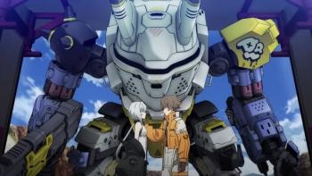 Synduality Noir TV show screenshot #2: A young man stands with an android girl in front of a robot mech, he has his hand on her shoulder and looks concerned. 