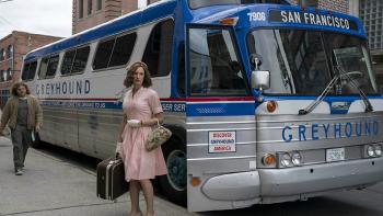 Tales of the City TV: A woman steps off a Greyhound in 1960s-era setting and dress