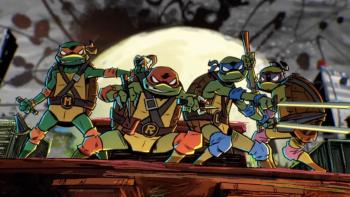 Tales of the Teenage Mutant Ninja Turtles TV Show: the TMNT crouch on the top of a building with the moon rising behind them