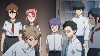Tasuketsu -Fate of the Majority- TV Show: Four boys and three girls stand closely together in a classroom, looking serious.