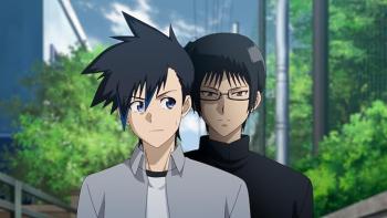 Tasuketsu -Fate of the Majority- TV Show: A boy with spiky black hair looking at a boy with glasses standing behind him. 