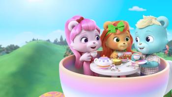Tea Town Teddy Bears TV Show Poster Image: Boba, Ginger and Earl Grey, three animated teddy bears, stand under a blue sky