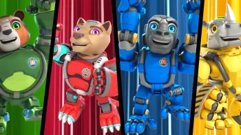 Team Mekbots TV show screenshot 1: Screen split in four, shows each Mekbot suit and their color. Green Bear, Red Lion, Blue Gorilla and Yellow Rhino.