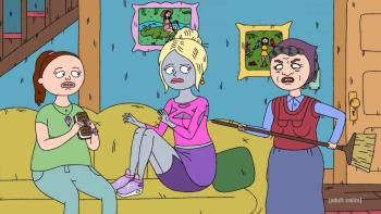 Teenage Euthanasia  TV Show: Baba pokes Trophy as Annie watches.