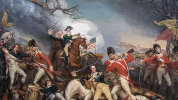 The American Revolution TV show screenshot 1: Painting of George Washington battling British soldiers.
