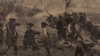 The American Revolution TV show screenshot 2: Black and white rendering of militia fighting