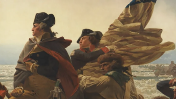 The American Revolution TV show screenshot 3: painting of George Washington on shipt crossing the Delaware River