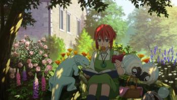 The Ancient Magus Bride: Chise studies in a garden as fae creatures keep her company.