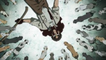 The Ancient Magus Bride: A white cat stands on a bloody corpse while many cats approach and encircle the body.