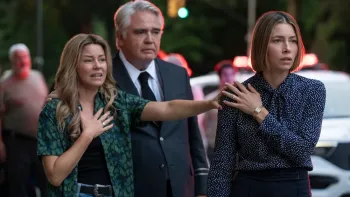 The Better Sister TV show screenshot: two blonde, white women stand shocked, with a white middle-aged man