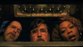 The Boroughs TV show screenshot 2: Wally, Sam and Judy peer into a hole and are seen from below; each looks both curious and frightened