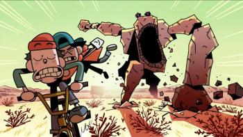 The Doomies TV show screenshot 3: Bobby and Romy flee a chasing monster via bicycle