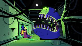 The Doomies TV show screenshot 2: a fearsome fish monster reveals its teeth to Romy