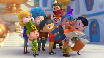 Pinocchi and his friends, wearing colorful clothing, happily talk to each other in the town square. 
