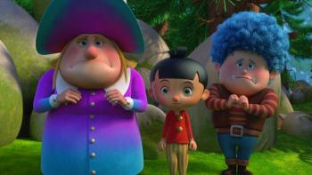 Pinocchio and his friends stand in the woods, looking confused. 
