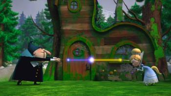 Witch and Fairy Godmother duel each other in the woods, spark fly from their wands.
