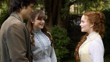 The Forsytes TV show screenshot 3: Jamie Flatters, Justine Moore, and Millie Gibson. They stand outside.