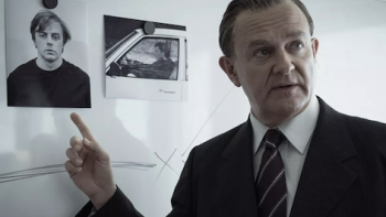 The Gold TV show screenshot 3: DCI Brian Boyce (Hugh Bonneville) points to photograph of Kenny Noye (Jack Lowden).