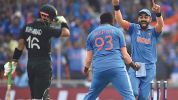 The Great Rivalry: India vs Pakistan TV show screenshot 1: Players in blue celebrate on pitch while player in black scratches head.