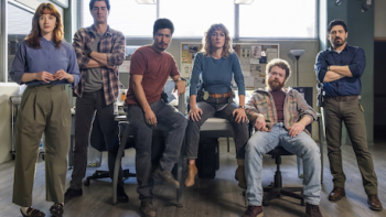 The Gringo Hunters TV show screenshot 1: the six member unit sit and stand together as a group.