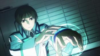 The Irregular at Magic High School: Hattori raises his arms and prepares a spell. Teal light and a magic circle surround his hand.