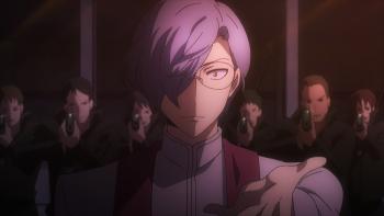 The Irregular at Magic High School: A silver-haired man extends his hand to ask someone to join him. Behind him are six men with guns raised to shoot.