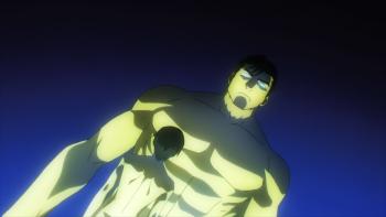 The Irregular at Magic High School: Tatsuya imagines himself and a peer facing each other naked. He appears small against a larger, muscled boy.