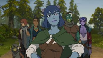 The Mighty Nein: Jester, center, smirks. Behind her (left to right), Nott, Caleb, Beau, Fjord, and Molly look sulky or smile nervously.