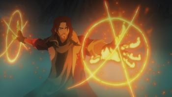 The Mighty Nein: Caleb frowns as a he casts a spell that emits circles of fire and light from his hands.