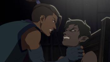 The Mighty Nein: Beau leans in aggressively as she chokes her attacker. They're in a dark room.