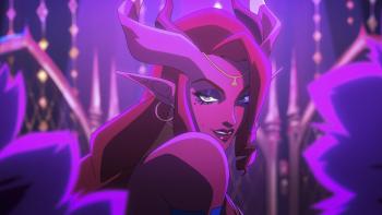 The Mighty Nein: Close-up of Marion's face and shoulders. She looks seductively over her shoulder as she performs a burlesque dance.